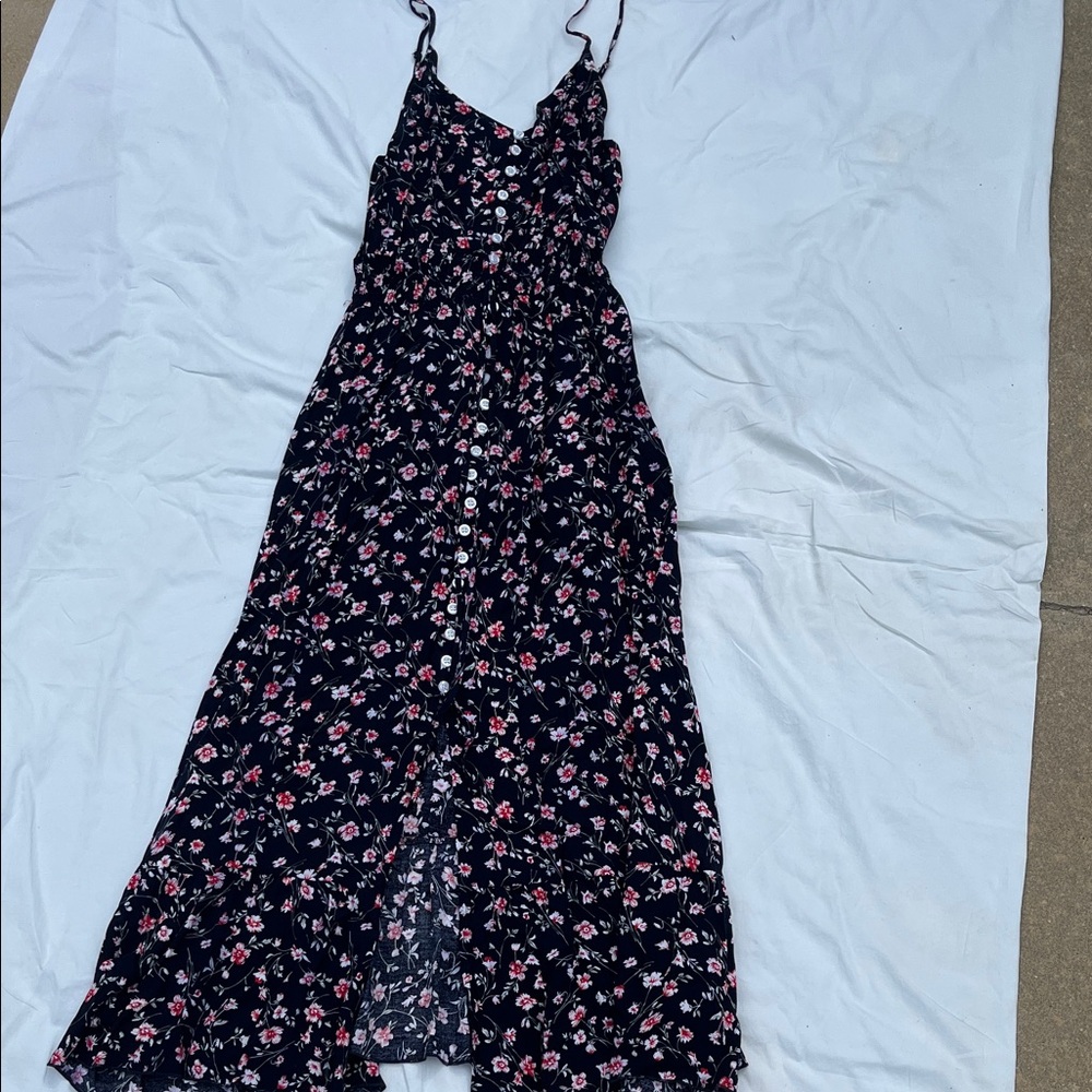 Navy Floral Button-Front Maxi Dress with Red Blooms